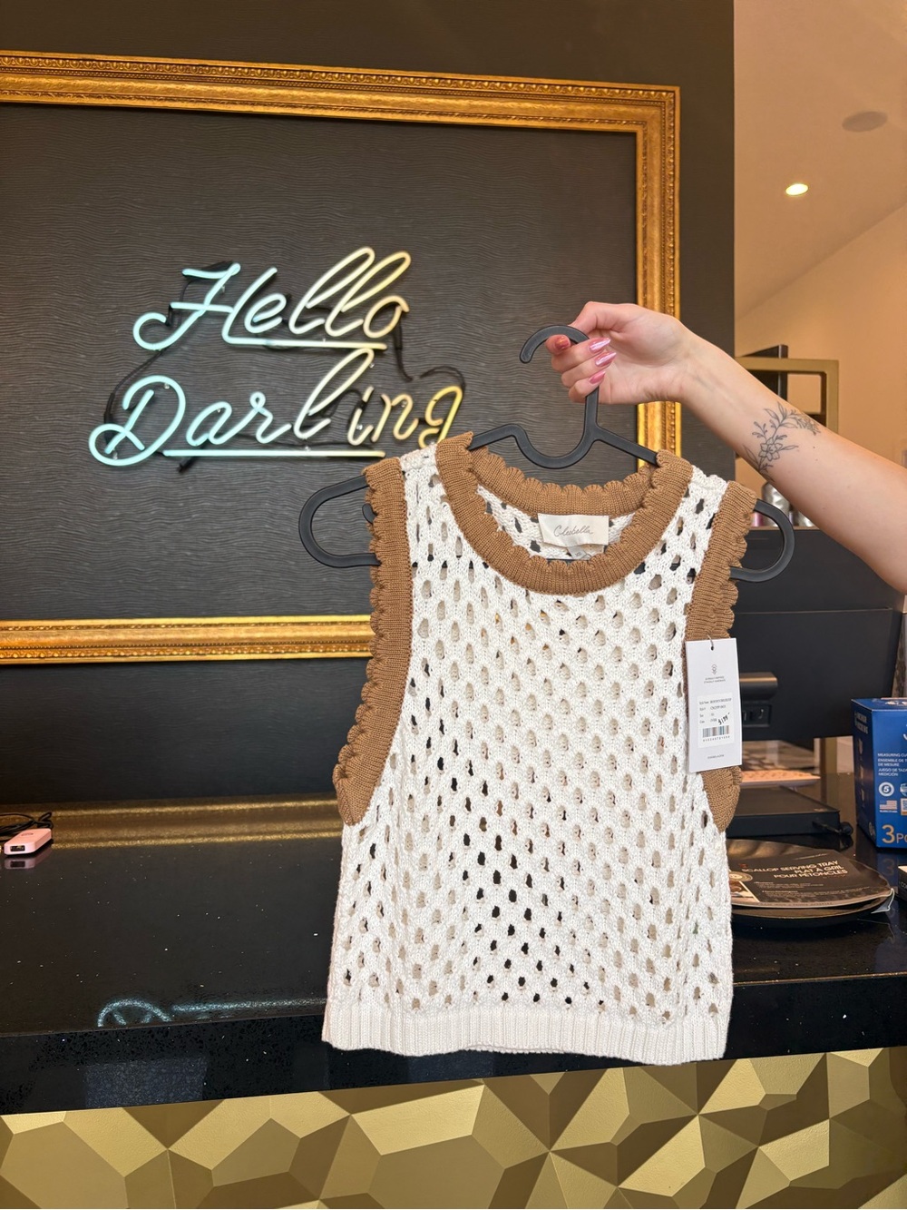Cleobella Cream Crochet Tank with Tan Trim